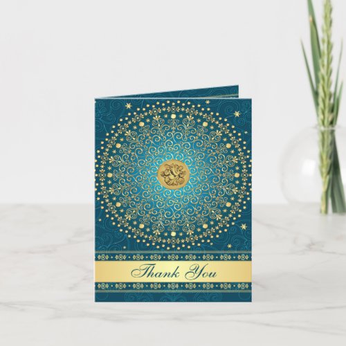 Hindu Ganesh Teal Gold Scroll Stars Thank You Card