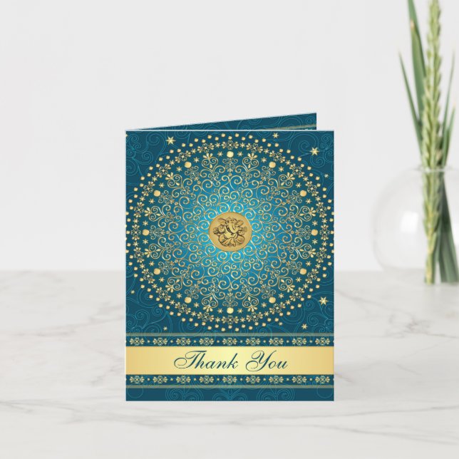 Hindu Ganesh Teal Gold Scroll Stars Thank You Card (Front)