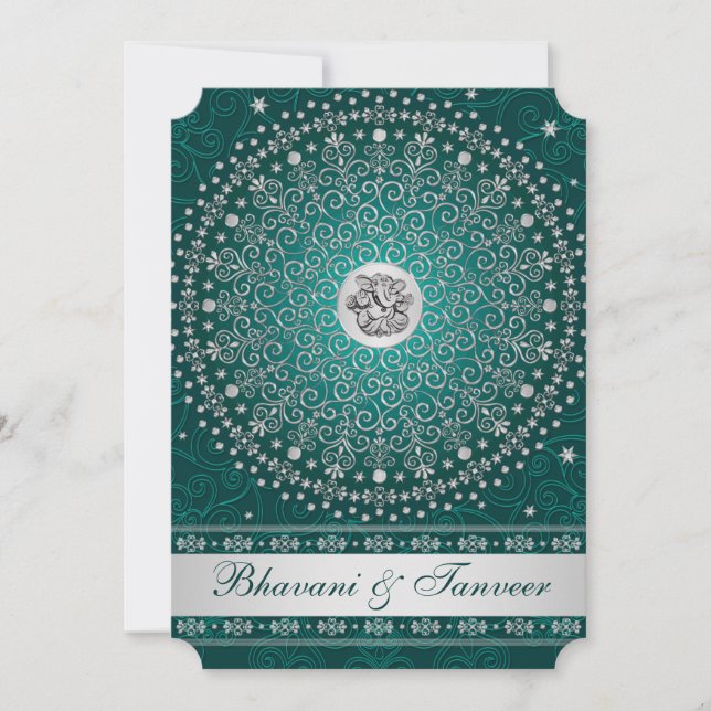 Hindu Ganesh Teal, Silver Scrolls Wedding Invite 2 (Front)