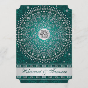 Hindu Ganesh Teal, Silver Scrolls Wedding Invite 2