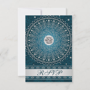 Hindu Ganesh Teal, Silver Scrolls Wedding RSVP 2 Invitation
