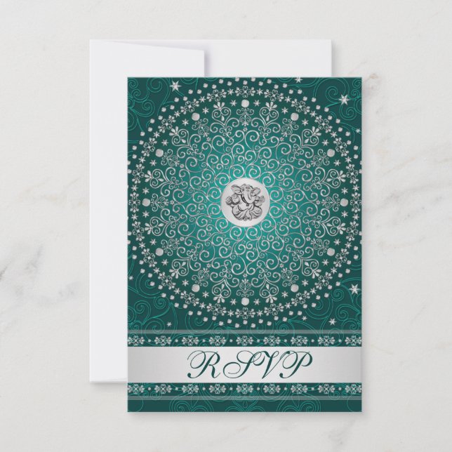 Hindu Ganesh Teal, Silver Scrolls Wedding RSVP Invitation (Front)