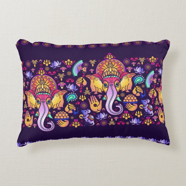 Hindu God Ganesha and Indian symbols in strip shap Accent Pillow (Front)