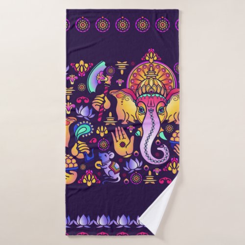 Hindu God Ganesha and Indian symbols in strip shap Bath Towel