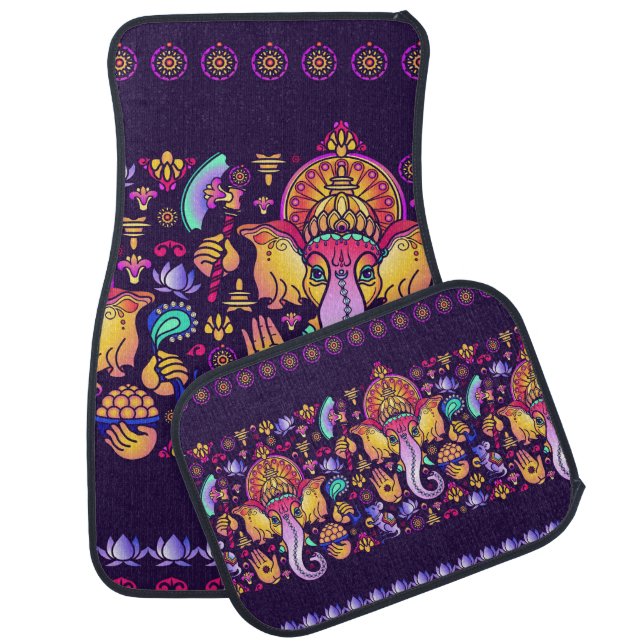 Hindu God Ganesha and Indian symbols in strip shap Car Floor Mat (Set)