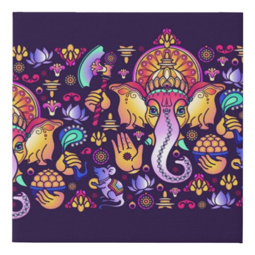 Hindu God Ganesha and Indian symbols in strip shap Faux Canvas Print