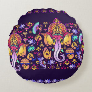 Hindu God Ganesha and Indian symbols in strip shap Round Pillow