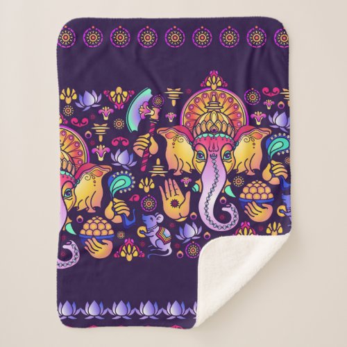Hindu God Ganesha and Indian symbols in strip shap Sherpa Blanket