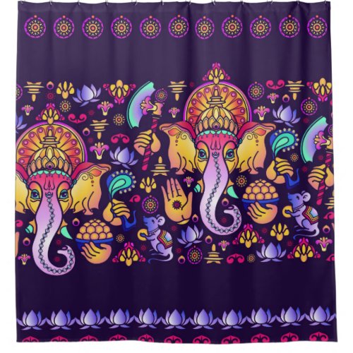 Hindu God Ganesha and Indian symbols in strip shap Shower Curtain