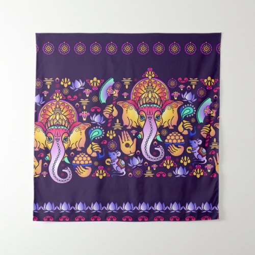 Hindu God Ganesha and Indian symbols in strip shap Tapestry