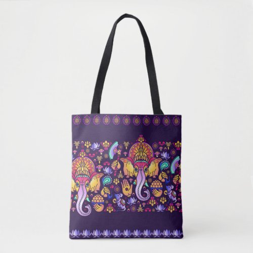 Hindu God Ganesha and Indian symbols in strip shap Tote Bag