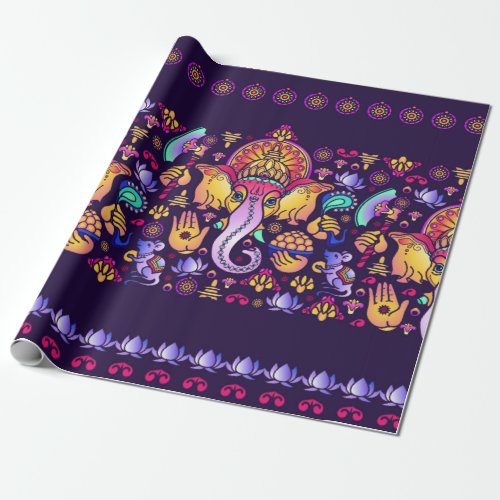 Hindu God Ganesha and Indian symbols in strip shap Wrapping Paper