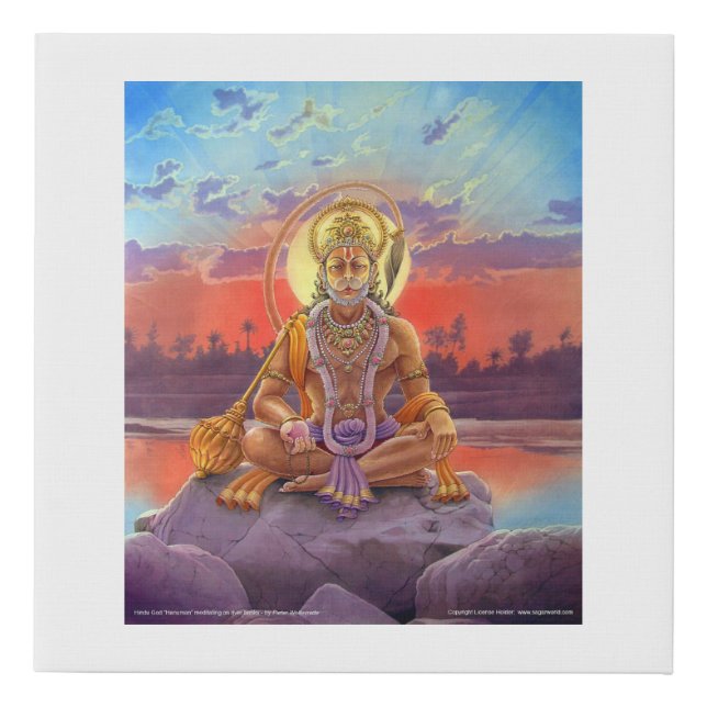 Hindu god Hanuman meditating on river banks Faux Canvas Print (Front)