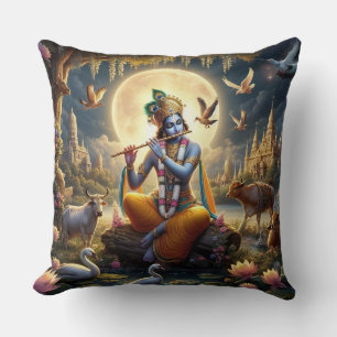 Hindu God Krishna with flute - Throw Pillow