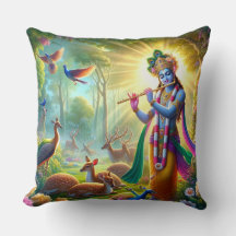 Hindu God Lord Krishna Pillow w/ Om Design on back