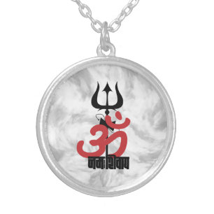Hindu God Shiva Om Namah Shivay with Trident OM Silver Plated Necklace