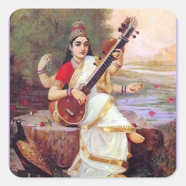 Hindu Goddess Saraswati Square Sticker (Front)