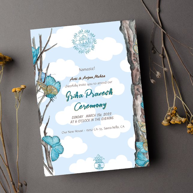 Hindu House Warming Griha Pravesh Blue Butterfly Invitation (Creator Uploaded)