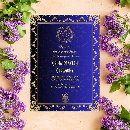 Hindu House Warming Griha Pravesh Golden Blue Invitation