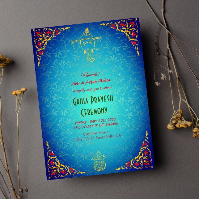 Hindu House Warming Griha Pravesh Golden Blue Invitation (Creator Uploaded)