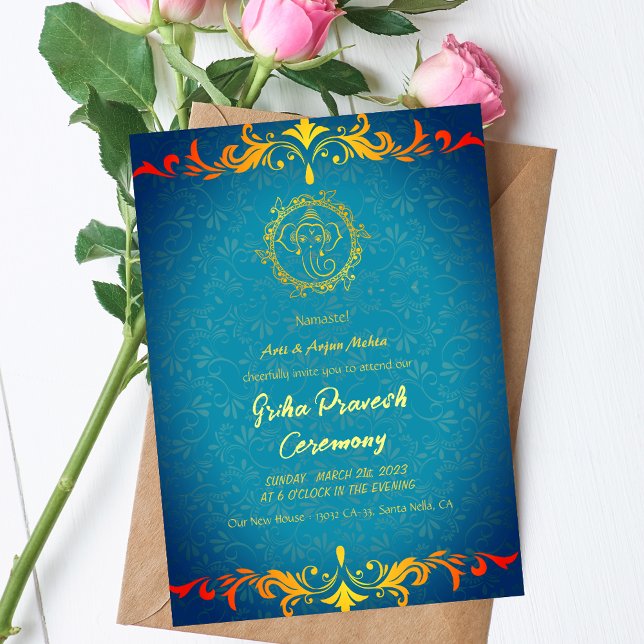 Hindu House Warming Griha Pravesh Golden Ganesha Invitation (Creator Uploaded)
