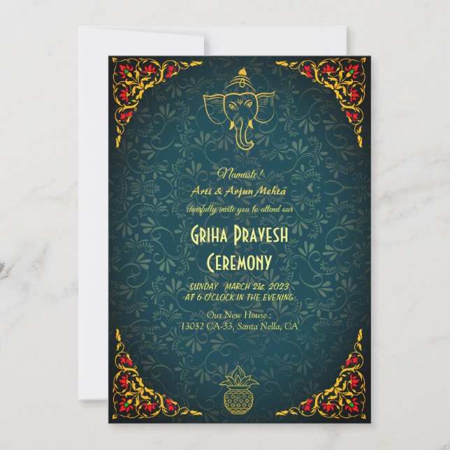 Hindu House Warming Griha Pravesh Golden Maroon Invitation (Front)