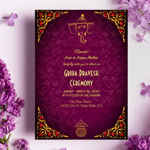 Hindu House Warming Griha Pravesh Golden Maroon Invitation