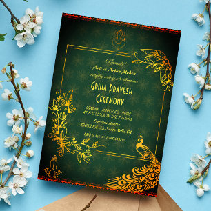 Hindu House Warming Griha Pravesh Golden Peacock Invitation