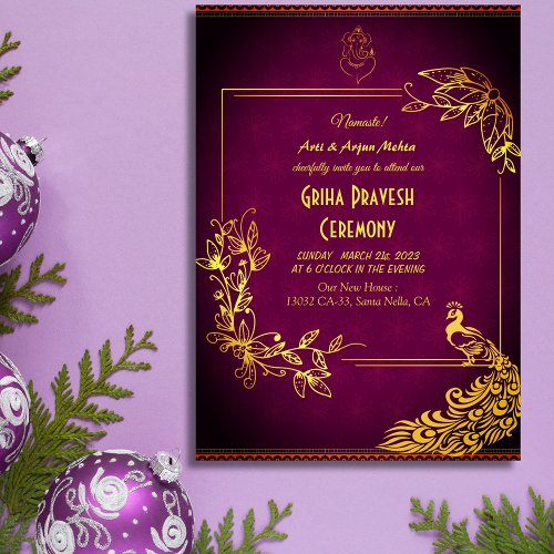 Hindu House Warming Griha Pravesh Golden Peacock Invitation