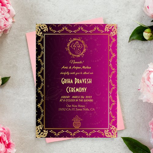 Hindu House Warming Griha Pravesh Golden Pink Invitation
