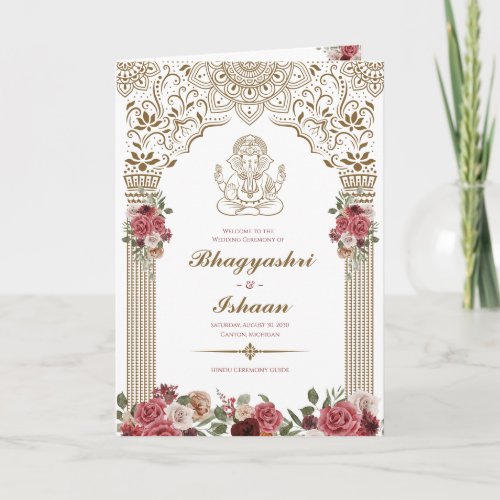 Hindu Wedding Ceremony Gold Red Pink Folded Program