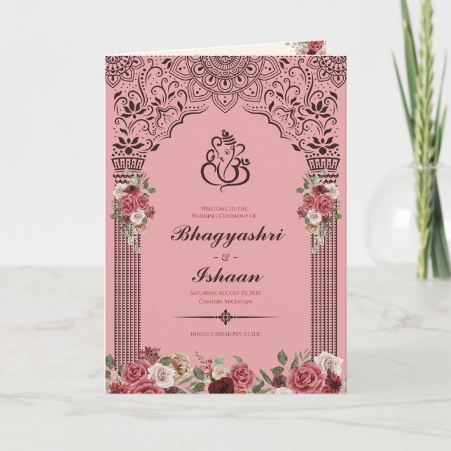 Hindu Wedding Ceremony Guide (Pink Red) Folded Program (Front)