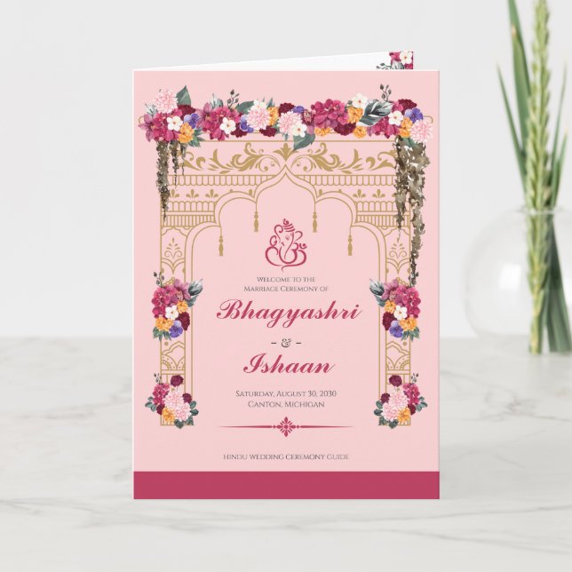 Hindu Wedding Ceremony Pink Tropical Floral Program (Front)