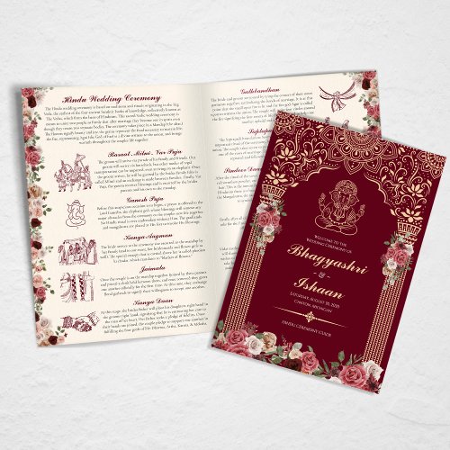 Hindu Wedding Ceremony Red Gold Pink Floral Program