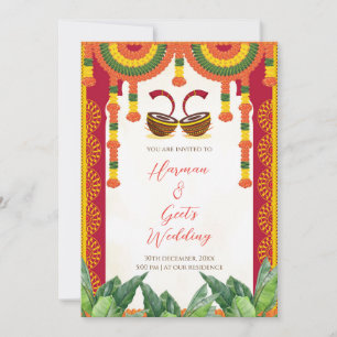 Hindu Wedding Invitation Dhol Drum Marigold Card