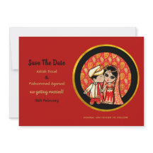 Hindu Wedding Invitations Red Gold Cartoon Couple