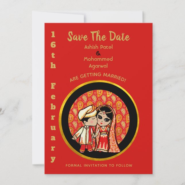 Hindu Wedding Invitations Red Gold Cartoon Couple (Front)