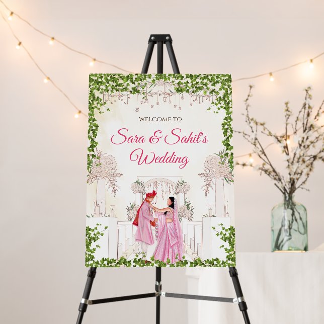 Hindu welcome sign with Indian wedding couple (In Situ (Stand))