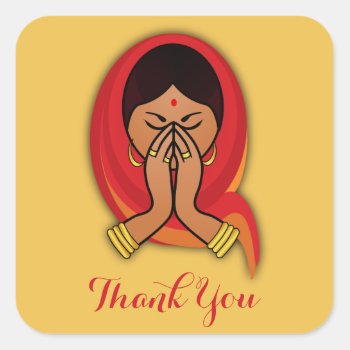 Hindu Woman In Namaste Pose Thank You Square Sticker by Mirribug at Zazzle