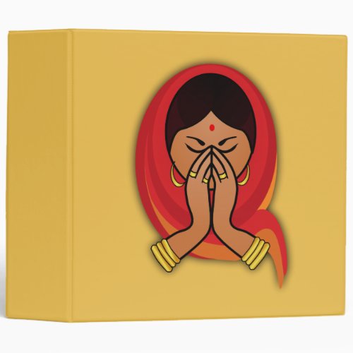 Hindu Woman with Head Scarf in Namaste Greeting Binder