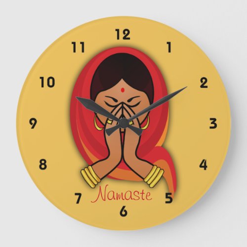 Hindu Woman with Head Scarf in Namaste Greeting Large Clock