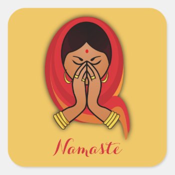 Hindu Woman With Head Scarf In Namaste Greeting Square Sticker by Mirribug at Zazzle