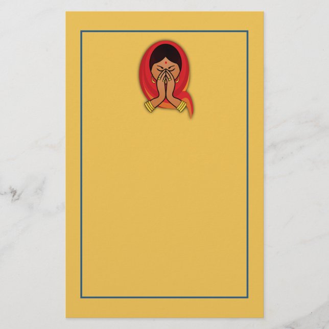 Hindu Woman with Head Scarf in Namaste Greeting Stationery (Front)