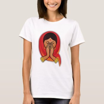 Hindu Woman With Head Scarf In Namaste Greeting T-shirt by Mirribug at Zazzle