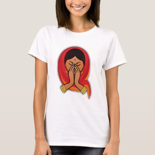 Hindu Woman with Head Scarf in Namaste Greeting T_Shirt