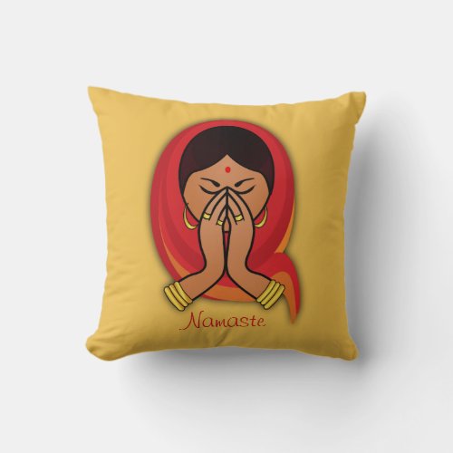 Hindu Woman with Head Scarf in Namaste Greeting Throw Pillow