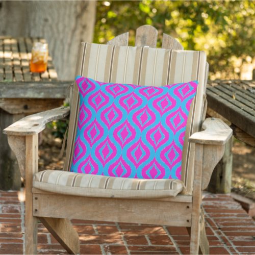 Hip Bright Blue Hot Pink Bohemian Ikat Pattern Out Outdoor Pillow