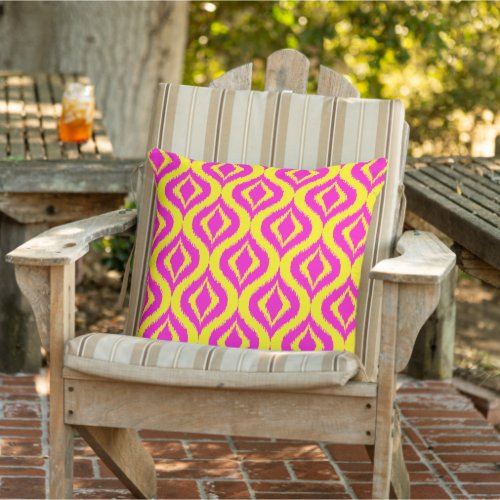 Hip Bright Yellow Hot Pink Bohemian Ikat Pattern Outdoor Pillow