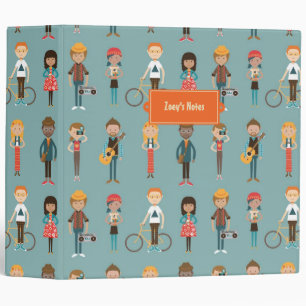 Hip Cartoon People Illustrations Pattern (Blue) Binder