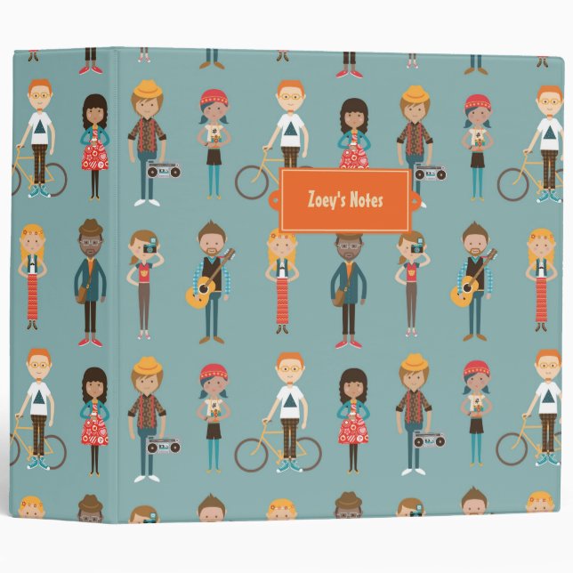 Hip Cartoon People Illustrations Pattern (Blue) Binder (Front/Spine)